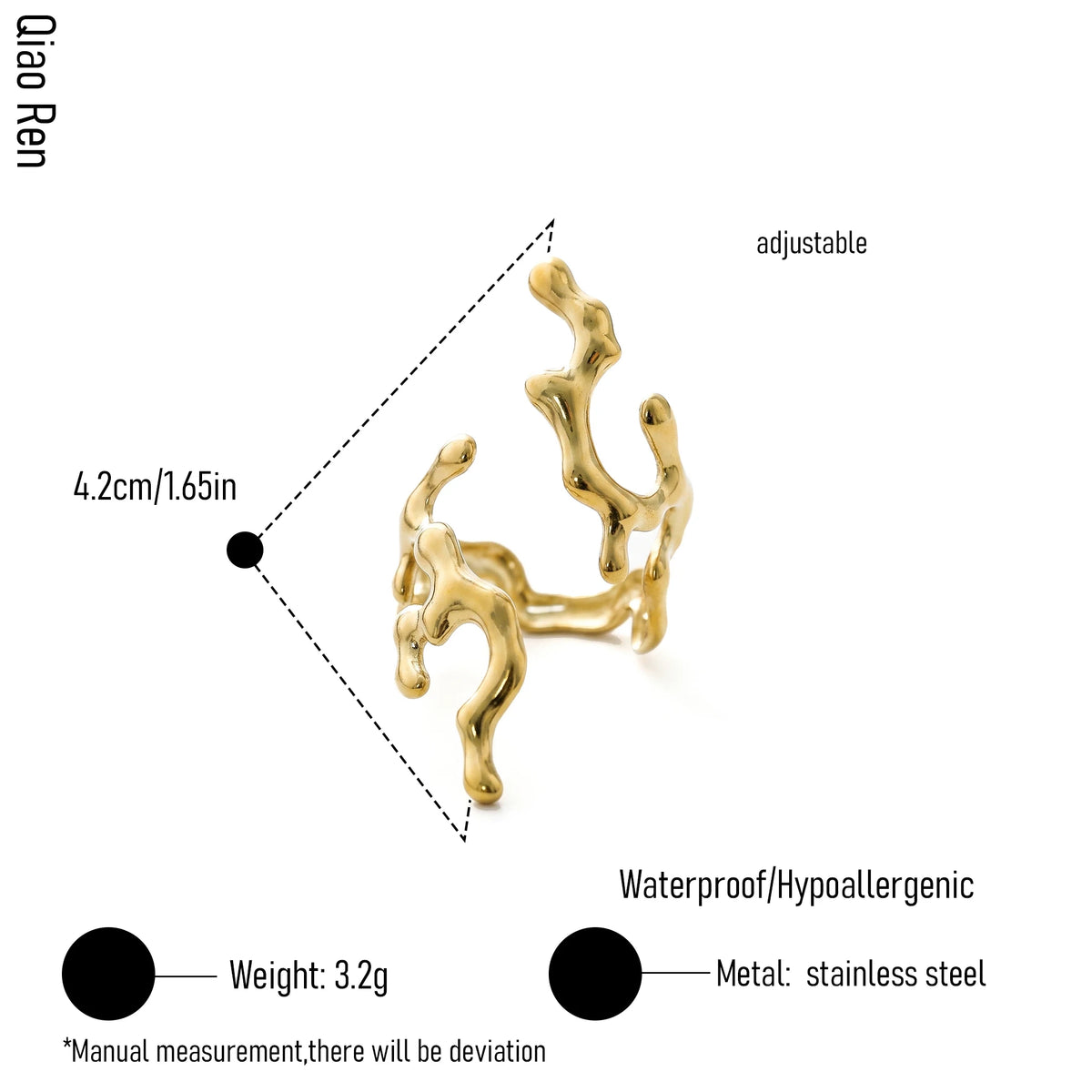 QIAOREN 14294-303 Ocean Inspired Animal Butterfly Open Cuff Ring Set, Adjustable Stackable Gold Tone Statement Rings