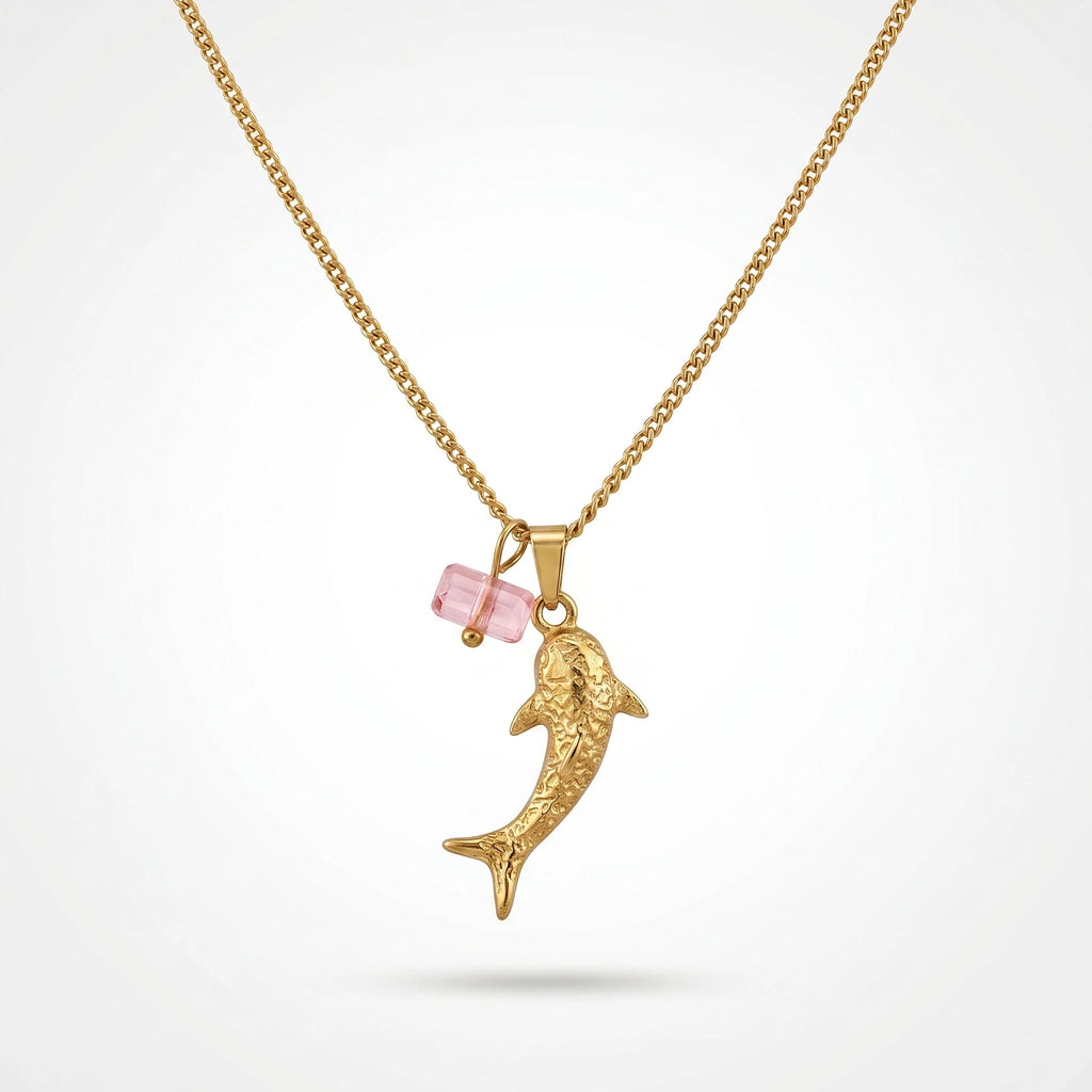 QIAOREN Trendy Shark Pink Pendant Necklace Unisex 18K Gold Stainless Steel Link Chain Hypoallergenic Fashion Jewelry Wholesale