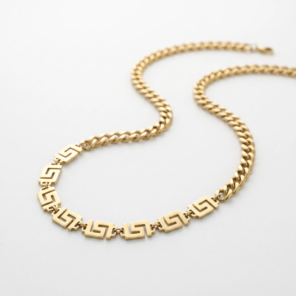 QIAOREN 13525 Mixed Chain Chunky Cuban & Greek Key Link Choker Necklace, Retro Geometric Pattern Gold Stack Neck Jewelry Gift