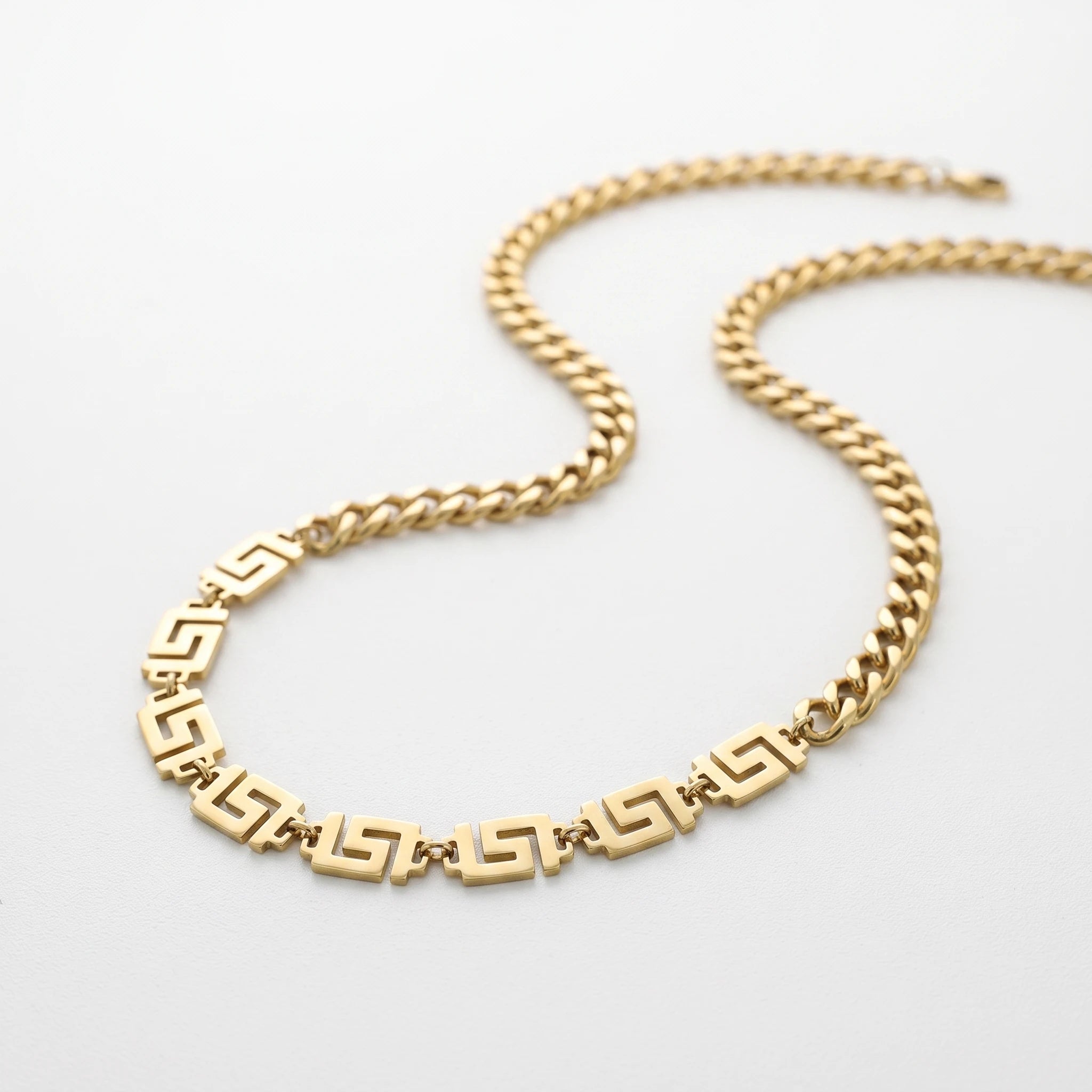 QIAOREN 13525 Mixed Chain Chunky Cuban & Greek Key Link Choker Necklace, Retro Geometric Pattern Gold Stack Neck Jewelry Gift
