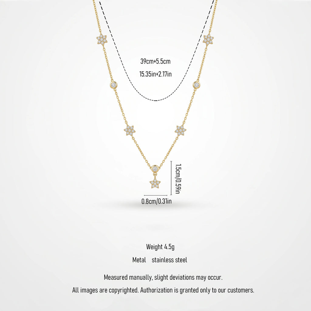 QIAOREN 13511 Shiny Star Crystal Station Necklace with Multi Size Six-pointed Star & Round Zircon Charms Necklace