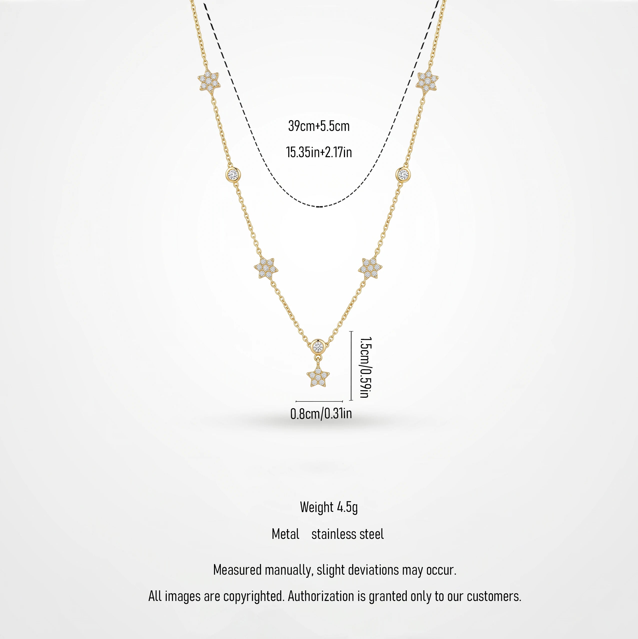 QIAOREN 13511 Shiny Star Crystal Station Necklace with Multi Size Six-pointed Star & Round Zircon Charms Necklace