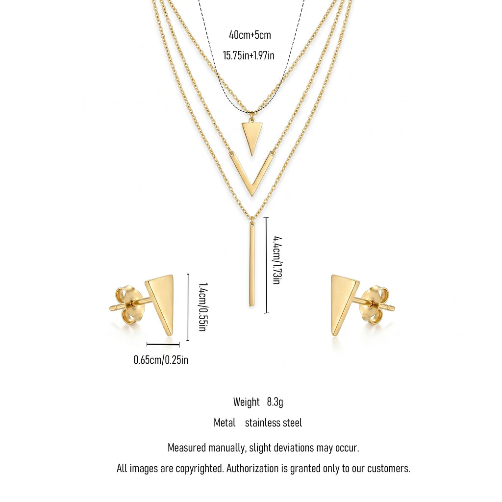 QIAOREN 11569 18K Gold Plated Stainless Steel Layered Necklace Earrings Set, Minimalist V Shape Triangle Vertical Bar Jewelry