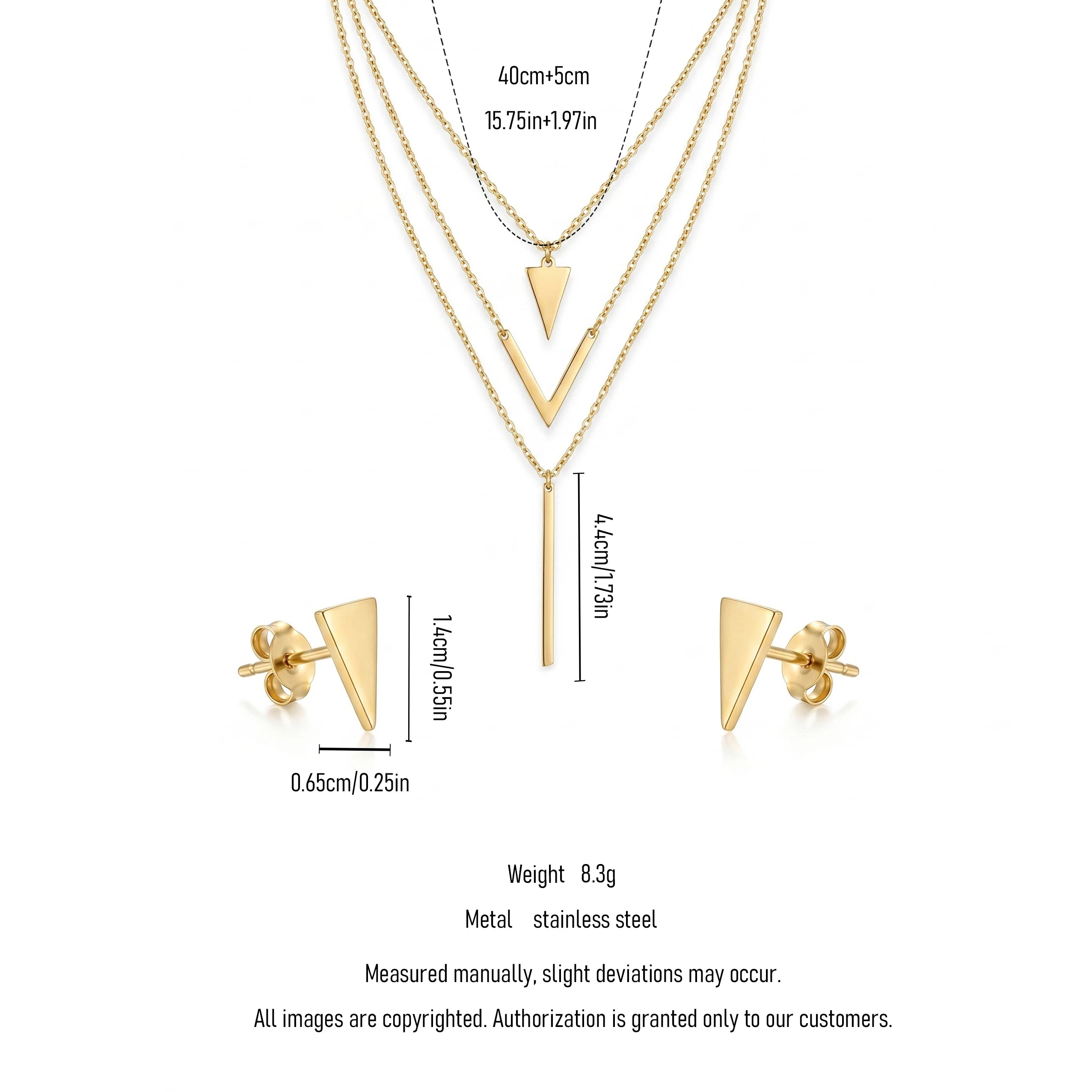 QIAOREN 11569 18K Gold Plated Stainless Steel Layered Necklace Earrings Set, Minimalist V Shape Triangle Vertical Bar Jewelry