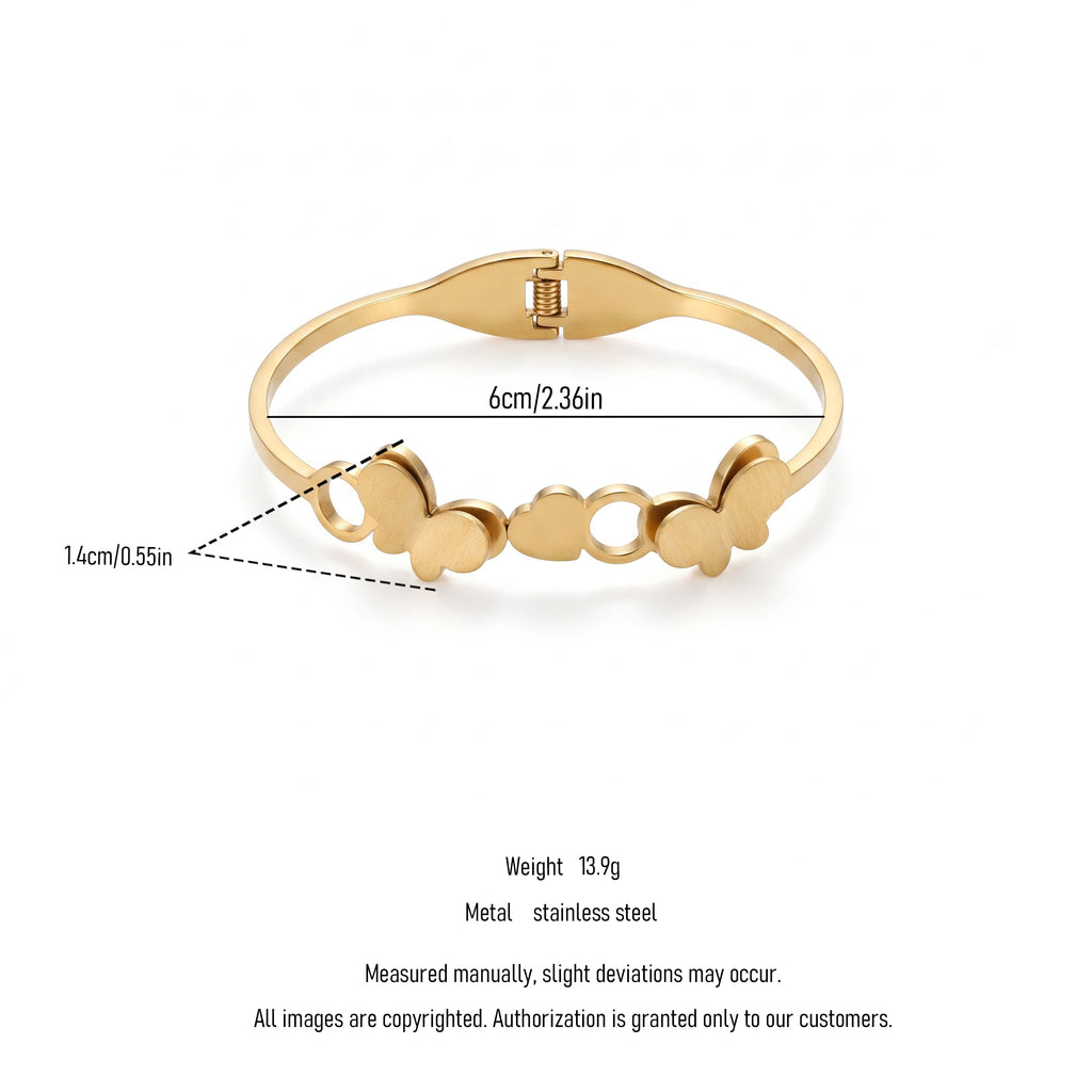 QIAOREN 13657 Spring Cuff Bangle Bracelet with Double Matte Butterfly & Hollow Circle Combined Charms, Polished Thin Bangle