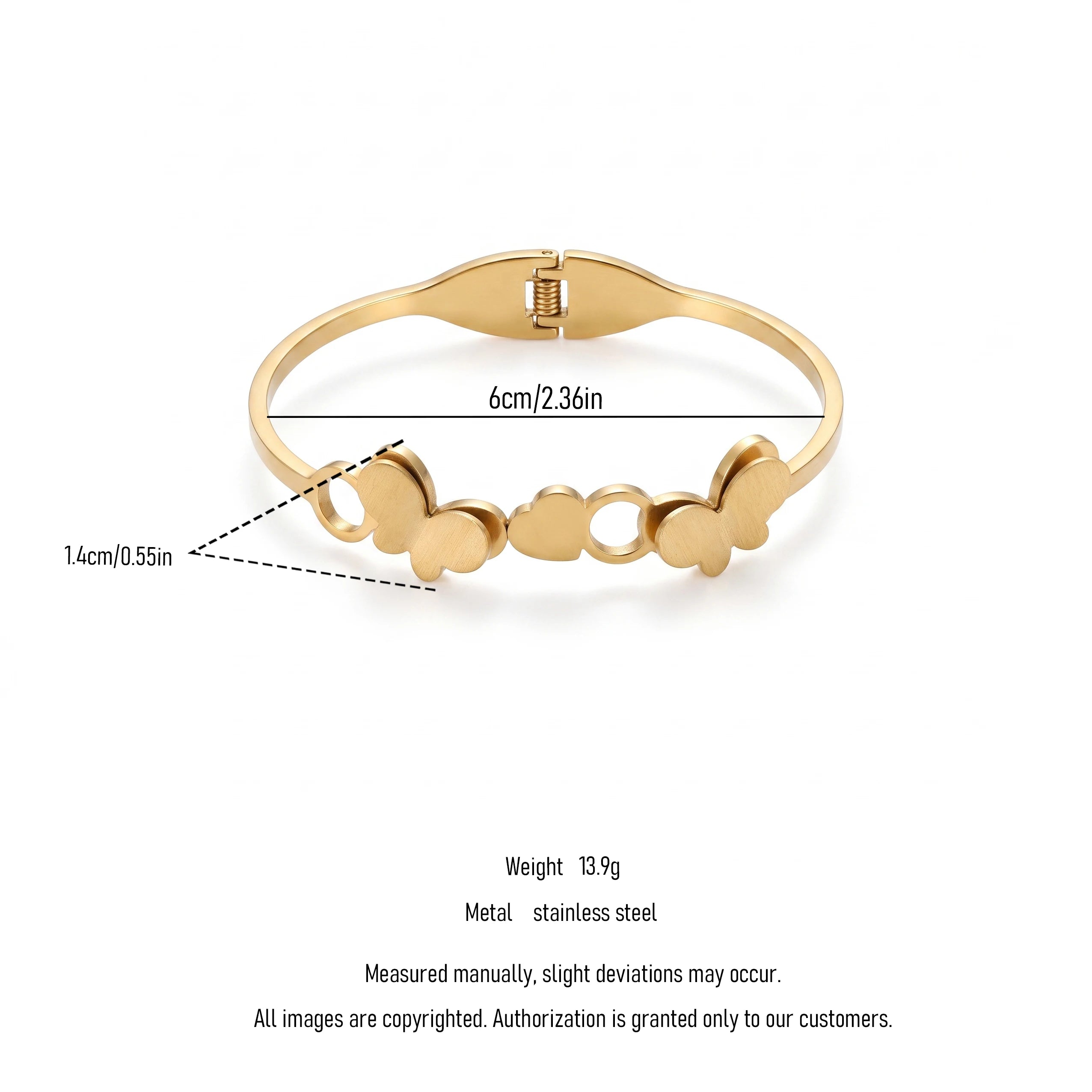 QIAOREN 13657 Spring Cuff Bangle Bracelet with Double Matte Butterfly & Hollow Circle Combined Charms, Polished Thin Bangle