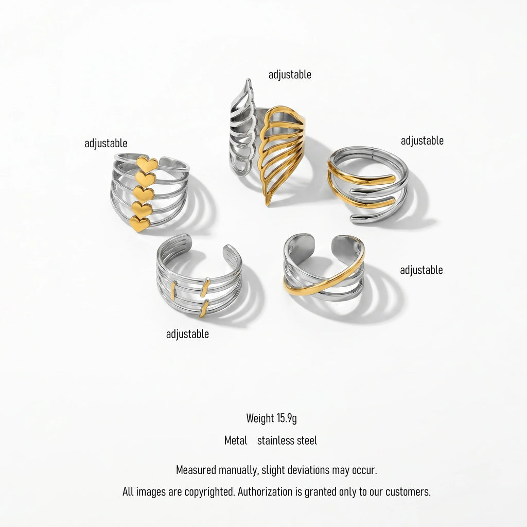 QIAOREN 12933-37 18K Gold Plated 316L Stainless Steel Two Tone Snake Star Adjustable Rings Set Tarnish Free Waterproof Jewelry