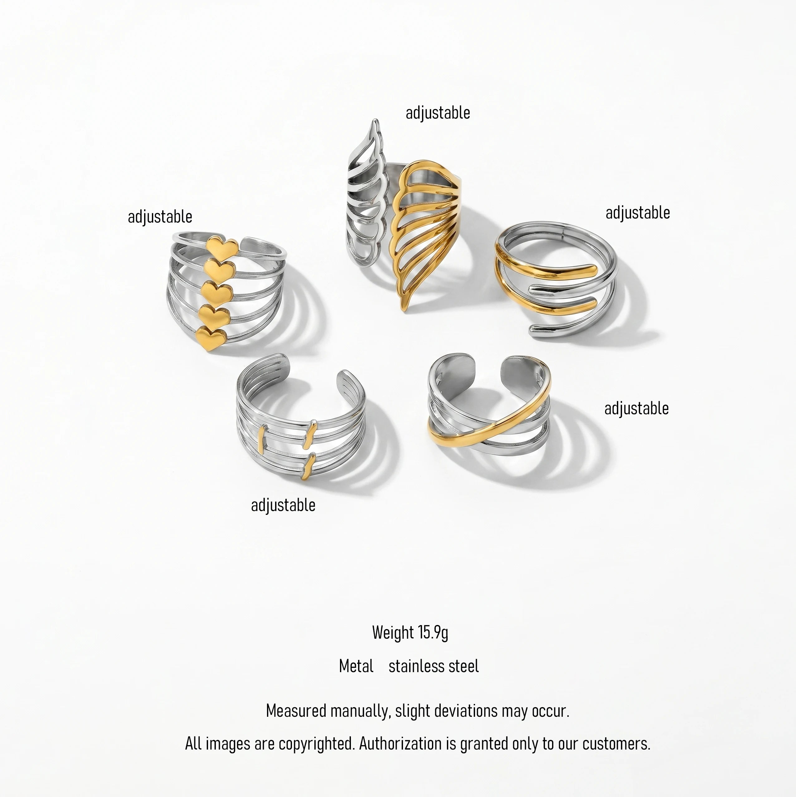 QIAOREN 12933-37 18K Gold Plated 316L Stainless Steel Two Tone Snake Star Adjustable Rings Set Tarnish Free Waterproof Jewelry