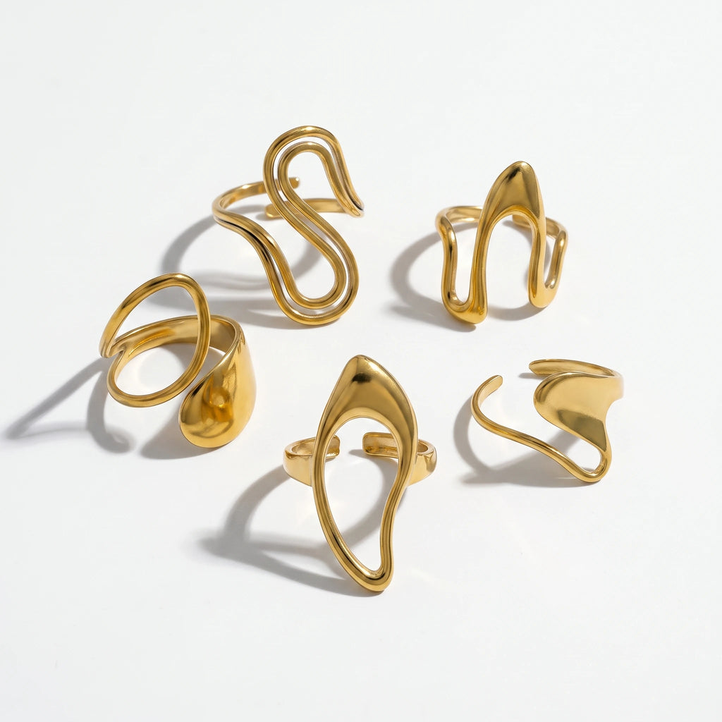 QIAOREN 14284-93 Abstract Irregular Wavy Open Cuff Ring Set, Adjustable Stackable Statement Rings, Stainless Steel Jewelry Gift