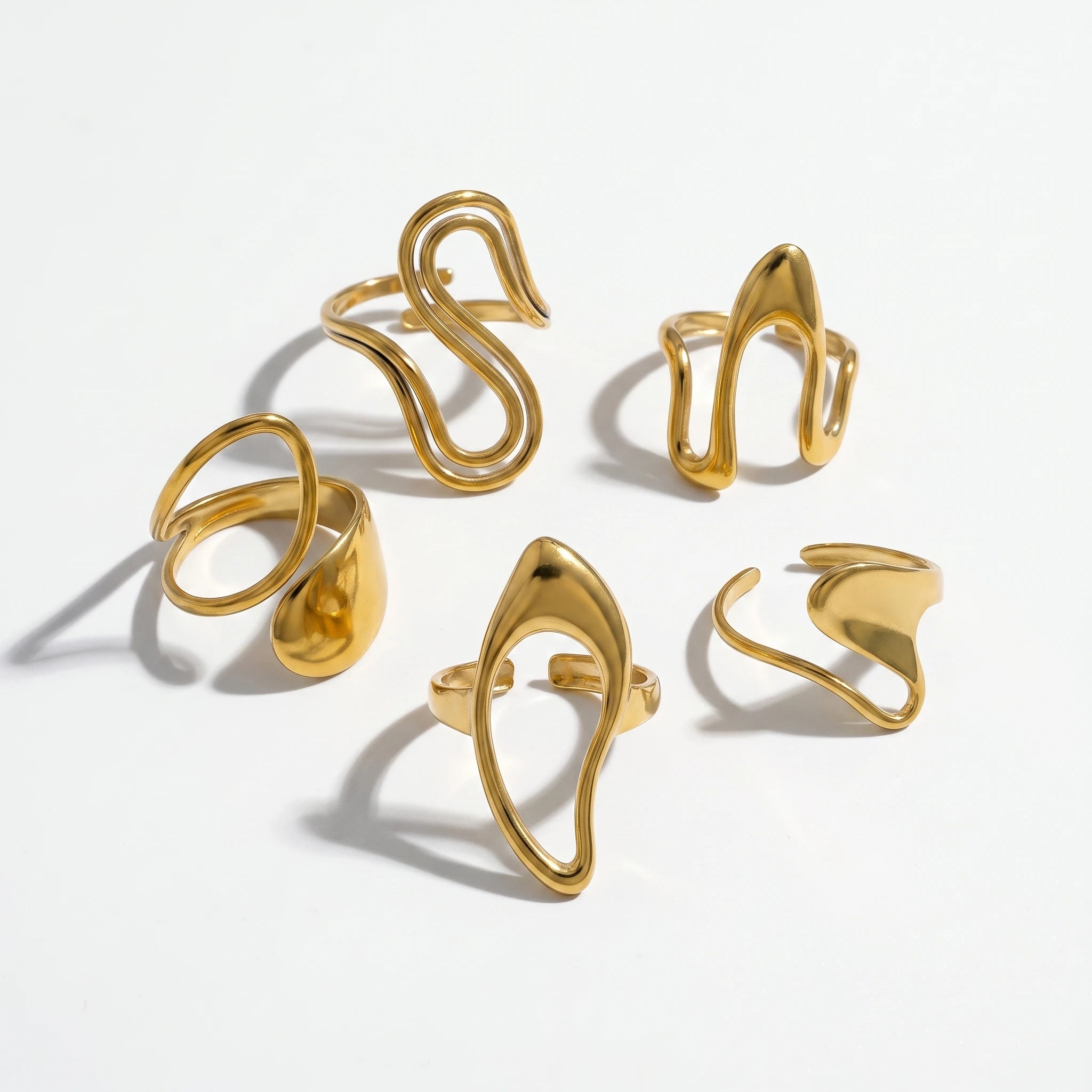 QIAOREN 14284-93 Abstract Irregular Wavy Open Cuff Ring Set, Adjustable Stackable Statement Rings, Stainless Steel Jewelry Gift