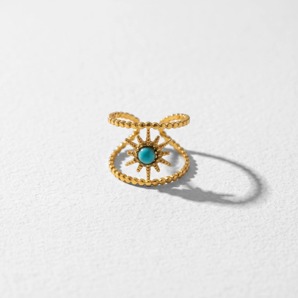 QIAOREN 13171-75 5Pcs Gold Stainless Steel Turquoise Open Ring Set Irregular Hammered Crown Adjustable Boho Stackable Rings
