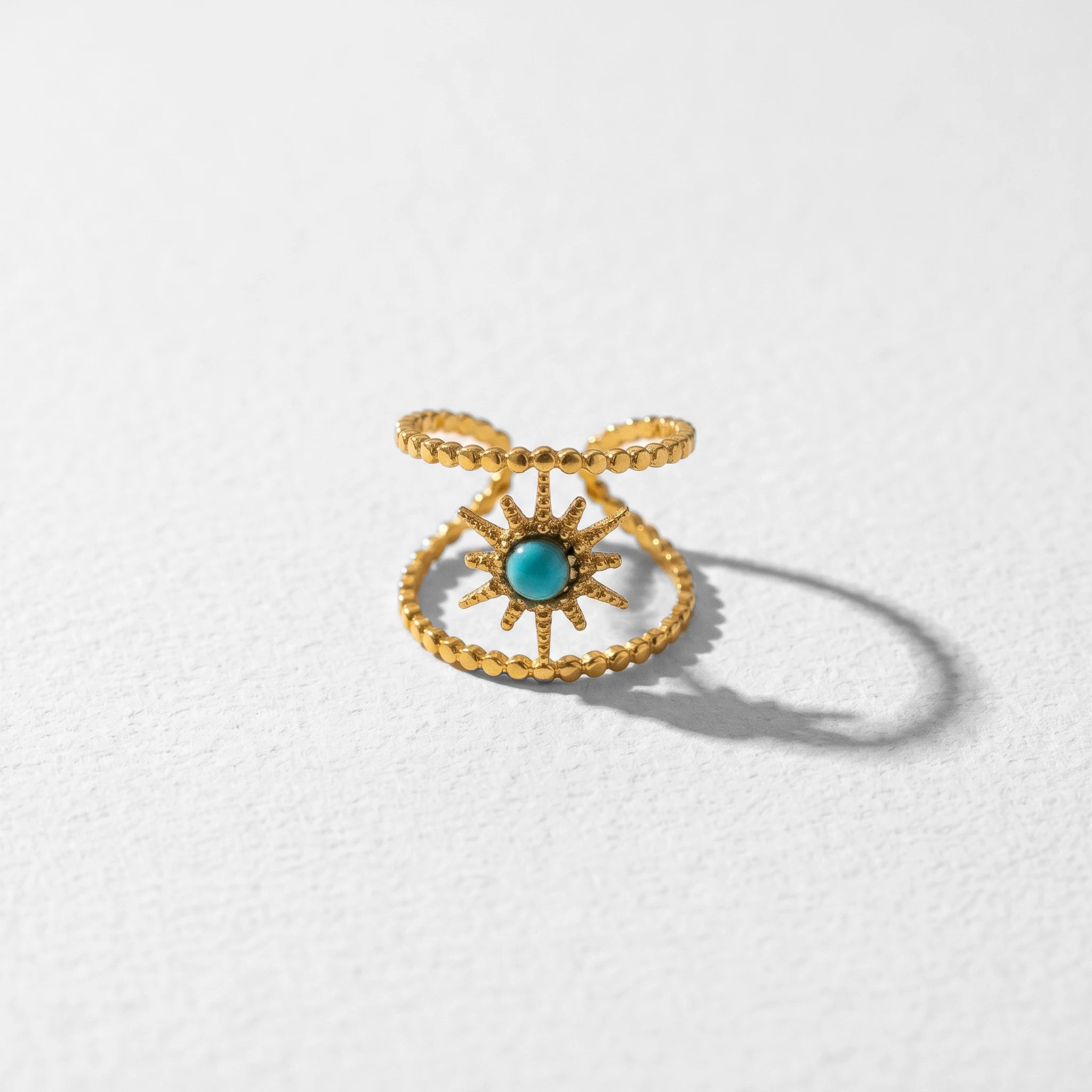 QIAOREN 13171-75 5Pcs Gold Stainless Steel Turquoise Open Ring Set Irregular Hammered Crown Adjustable Boho Stackable Rings