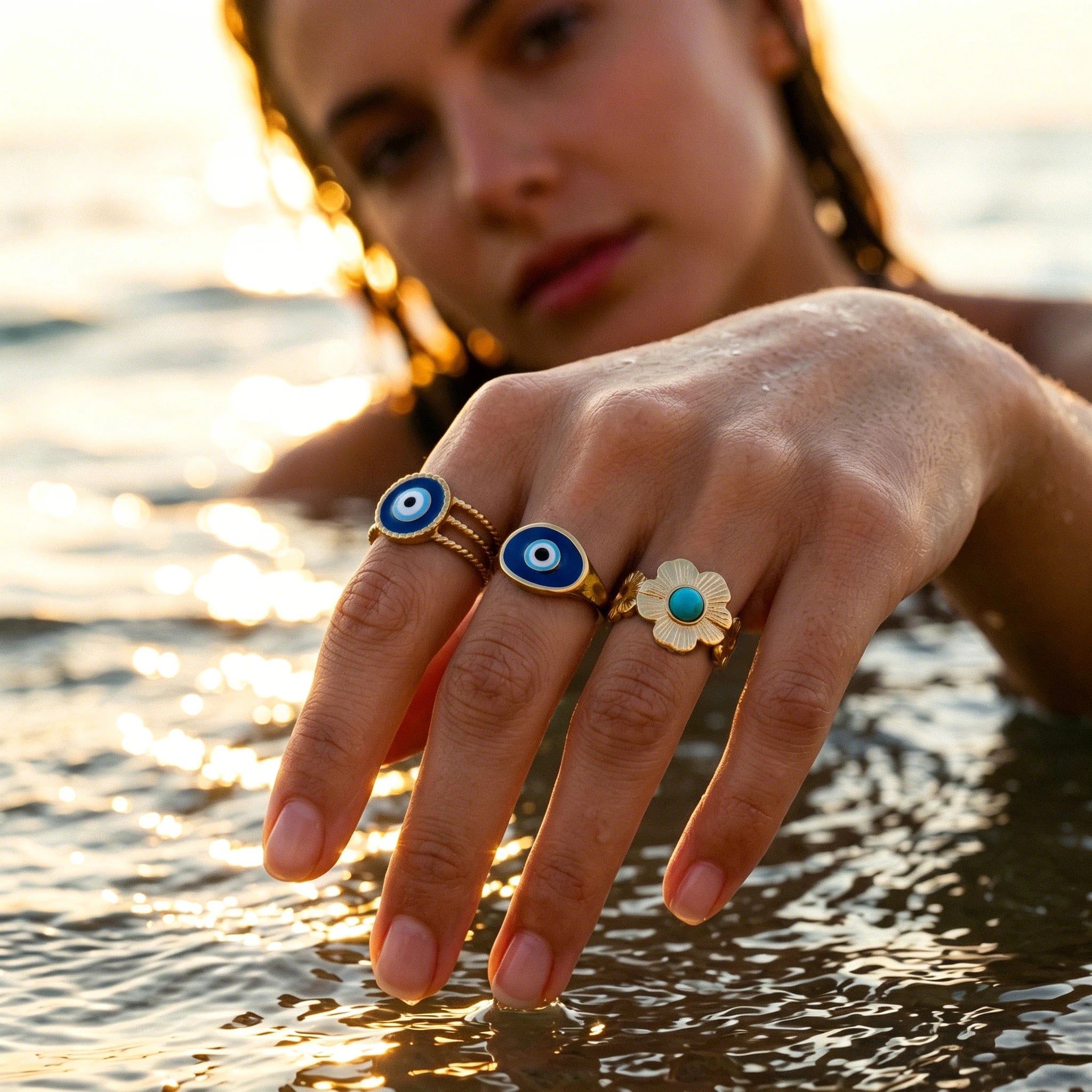 QIAOREN Stainless Steel Adjustable Stackable Ring Set Gold Plated Colorful Enamel Fashion Open Rings for Women