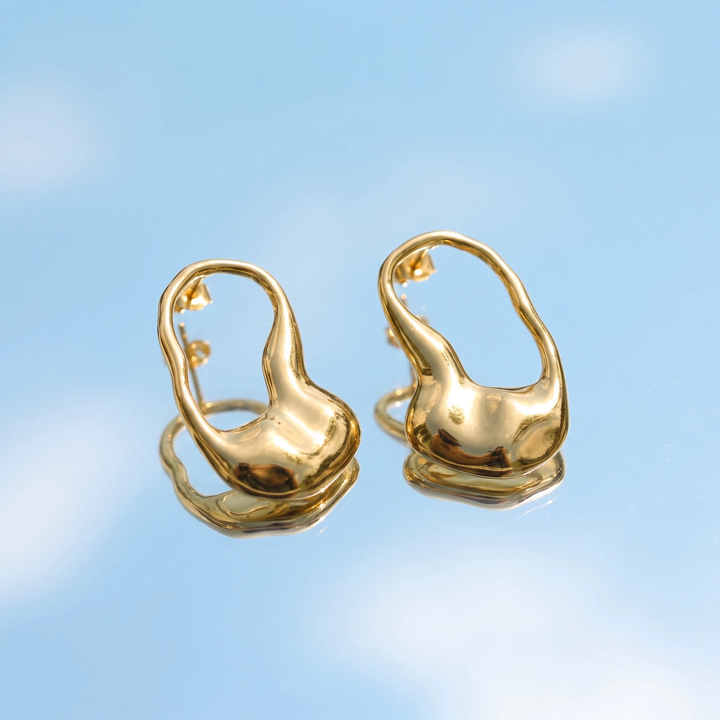 QIAOREN 14069 Irregular Teardrop Open Hoop Stud Earrings, Organic Fluid Hollow Drop Ear Stud Jewelry Gift for Daily Fashion