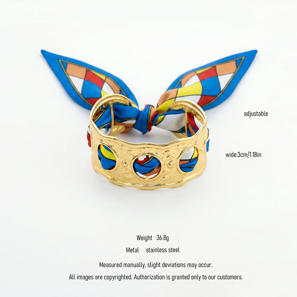 QIAOREN 11007 Colorful Geometric Scarf Bracelet Gold Stainless Steel Wide Cuff Adjustable Summer Beach Jewelry