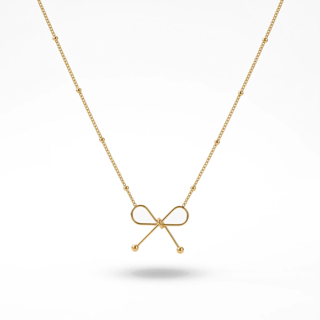 QIAOREN 13985 Beaded Oval Link Chain Pendant Necklace with Hollow Line Bow Charm, Polished Gold Minimalist Bow Collar