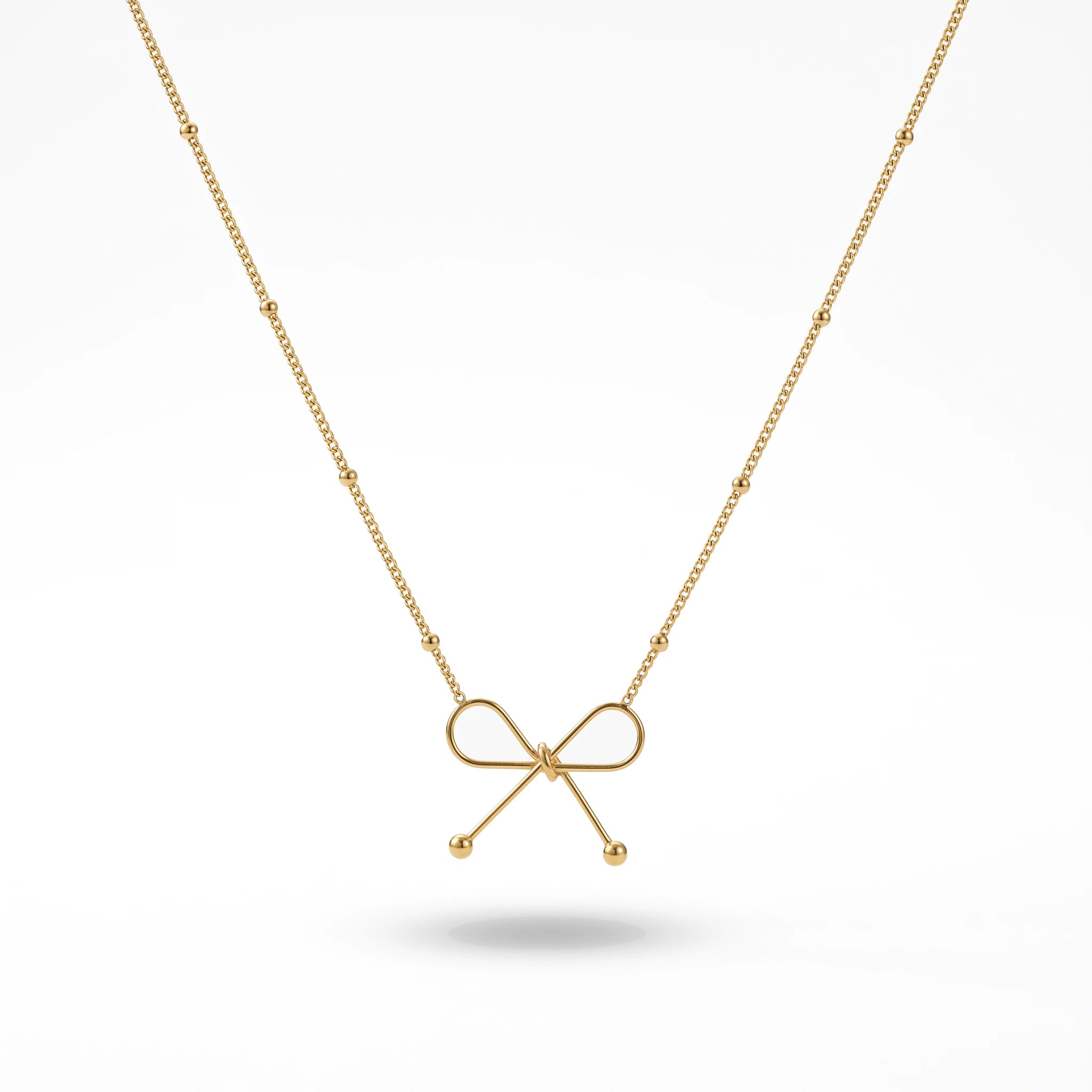 QIAOREN 13985 Beaded Oval Link Chain Pendant Necklace with Hollow Line Bow Charm, Polished Gold Minimalist Bow Collar