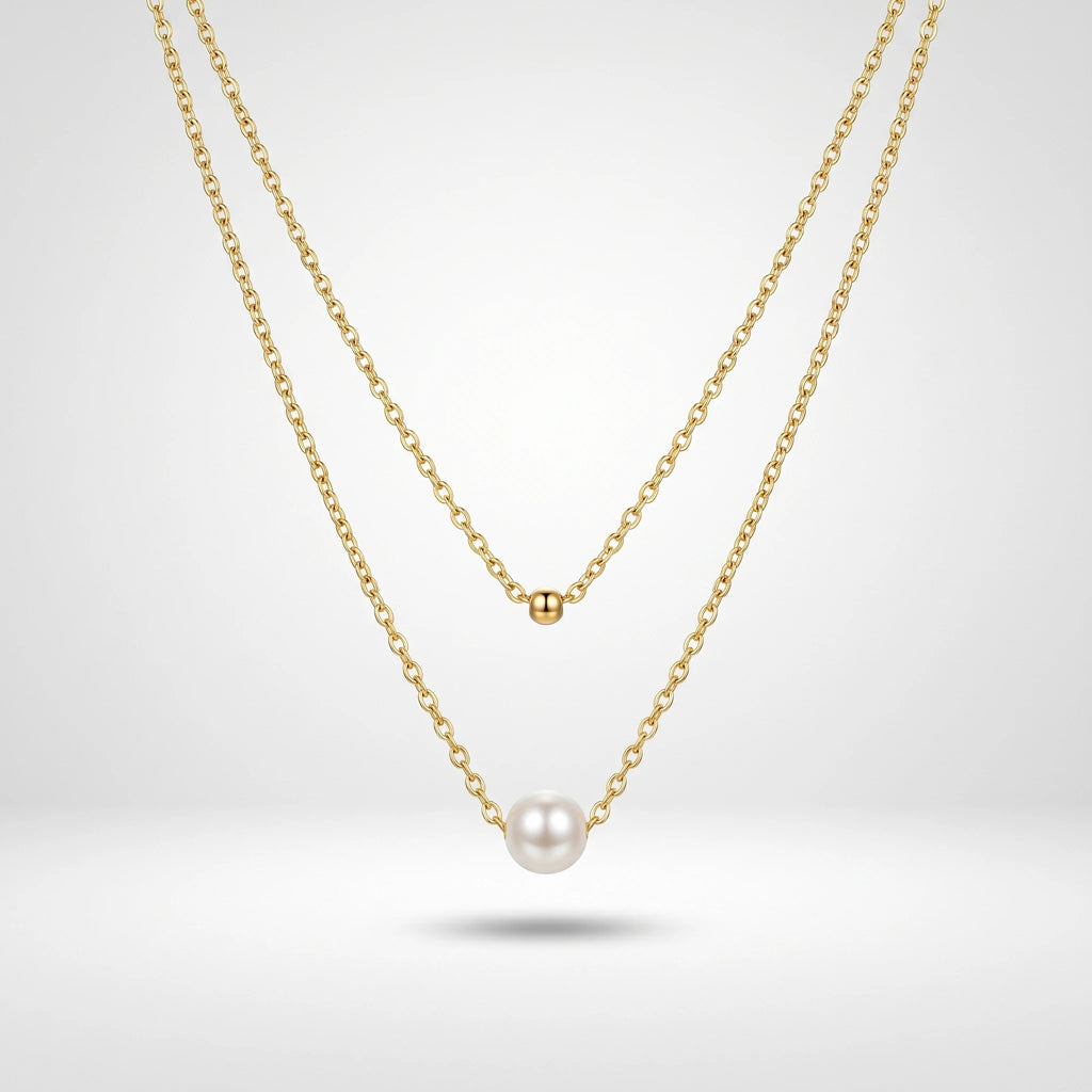 QIAOREN 11237 18K Gold Plated Layered Pearl and Gold Ball Pendant Necklace Stainless Steel Tarnish Free Waterproof Jewelry