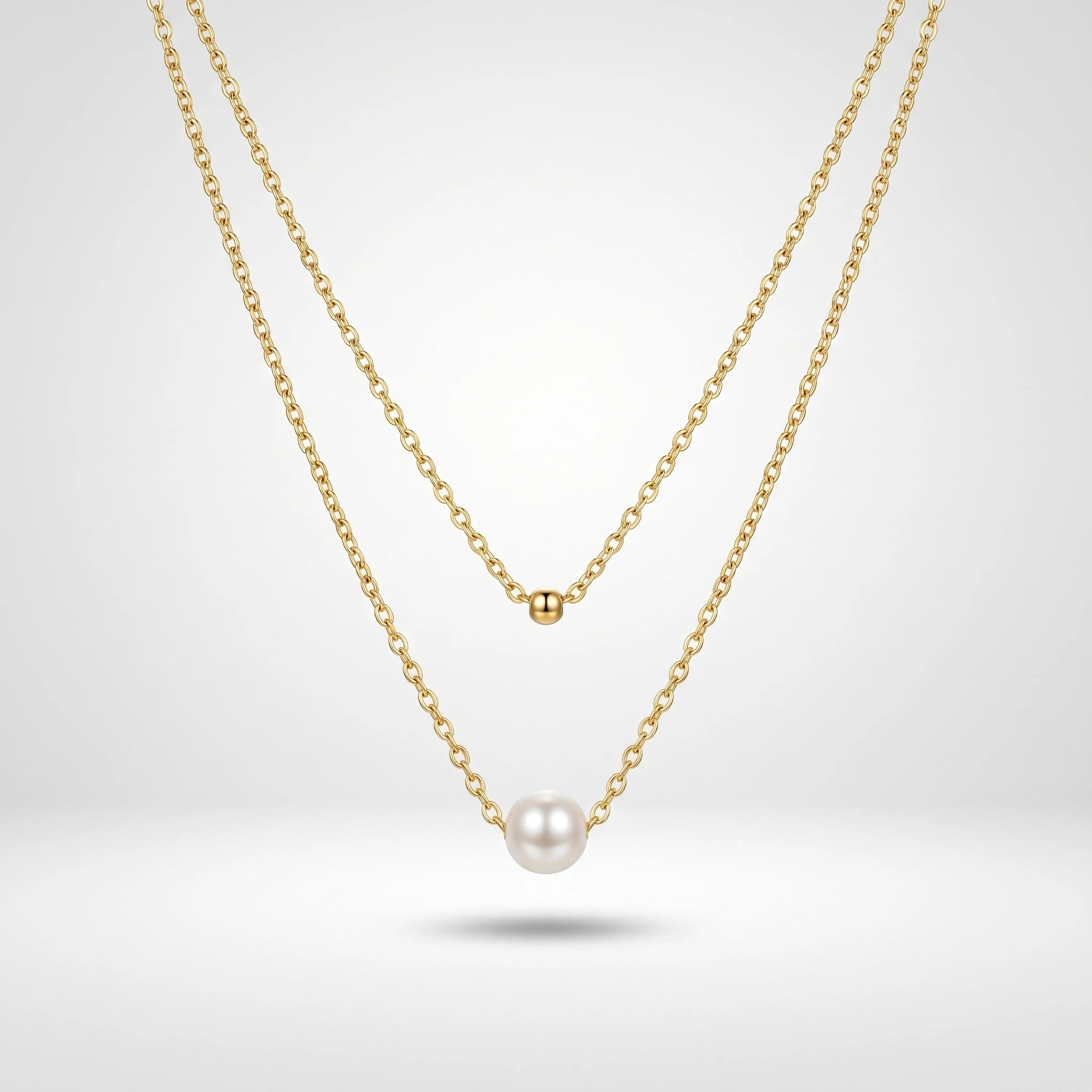 QIAOREN 11237 18K Gold Plated Layered Pearl and Gold Ball Pendant Necklace Stainless Steel Tarnish Free Waterproof Jewelry