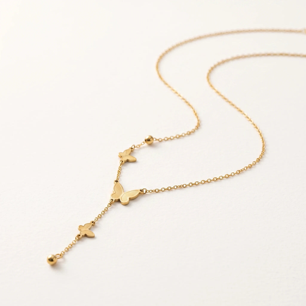 QIAOREN 13504 Minimalist Triple Butterfly Y Drop Necklace with Smooth Round Ball Pendant, Dainty Beaded Thin Cable Chain