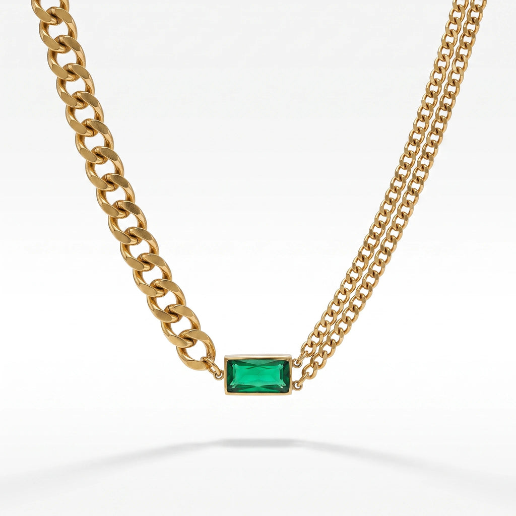 QIAOREN 13473 Two Tone Chain Emerald Rectangle Pendant Necklace, Chunky Curb & Thin Paperclip Link Mixed Neck Jewelry Gift