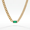 QIAOREN 13473 Two Tone Chain Emerald Rectangle Pendant Necklace, Chunky Curb & Thin Paperclip Link Mixed Neck Jewelry Gift