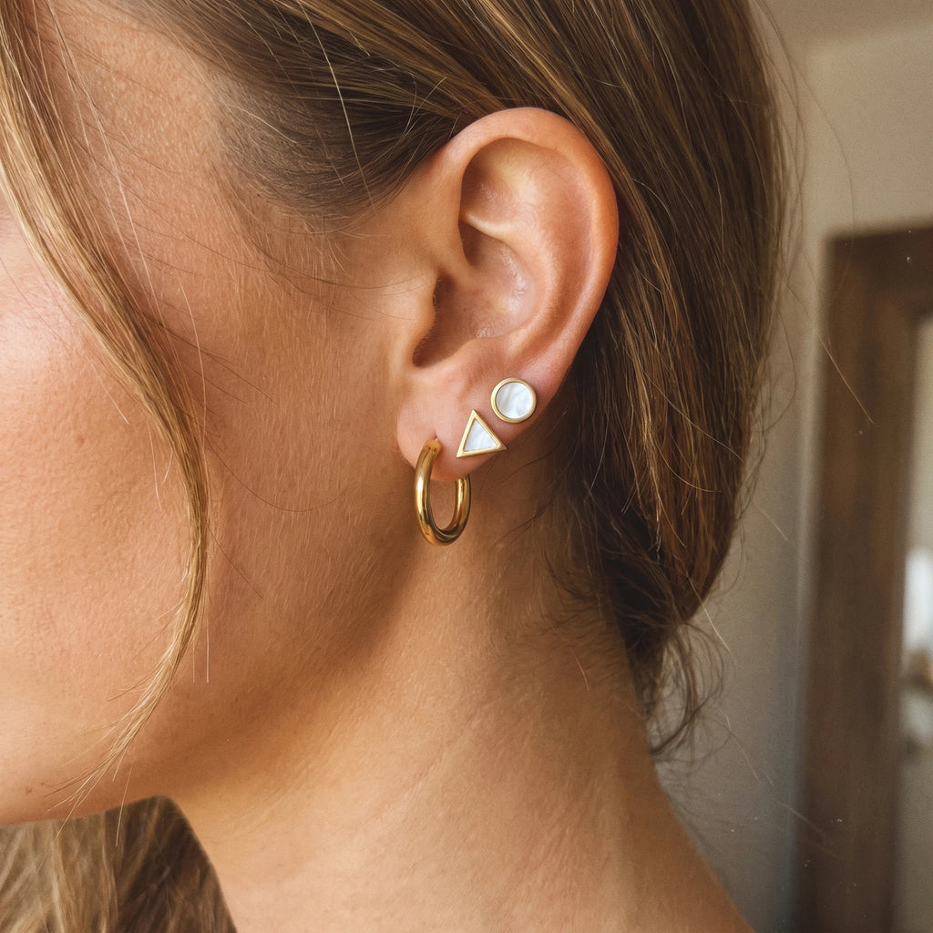 QIAOREN 14470 3 Pair Gold Stainless Steel Earrings Set, Triangle Shell Studs, Round Shell Inlay Studs & Thick Smooth Stud