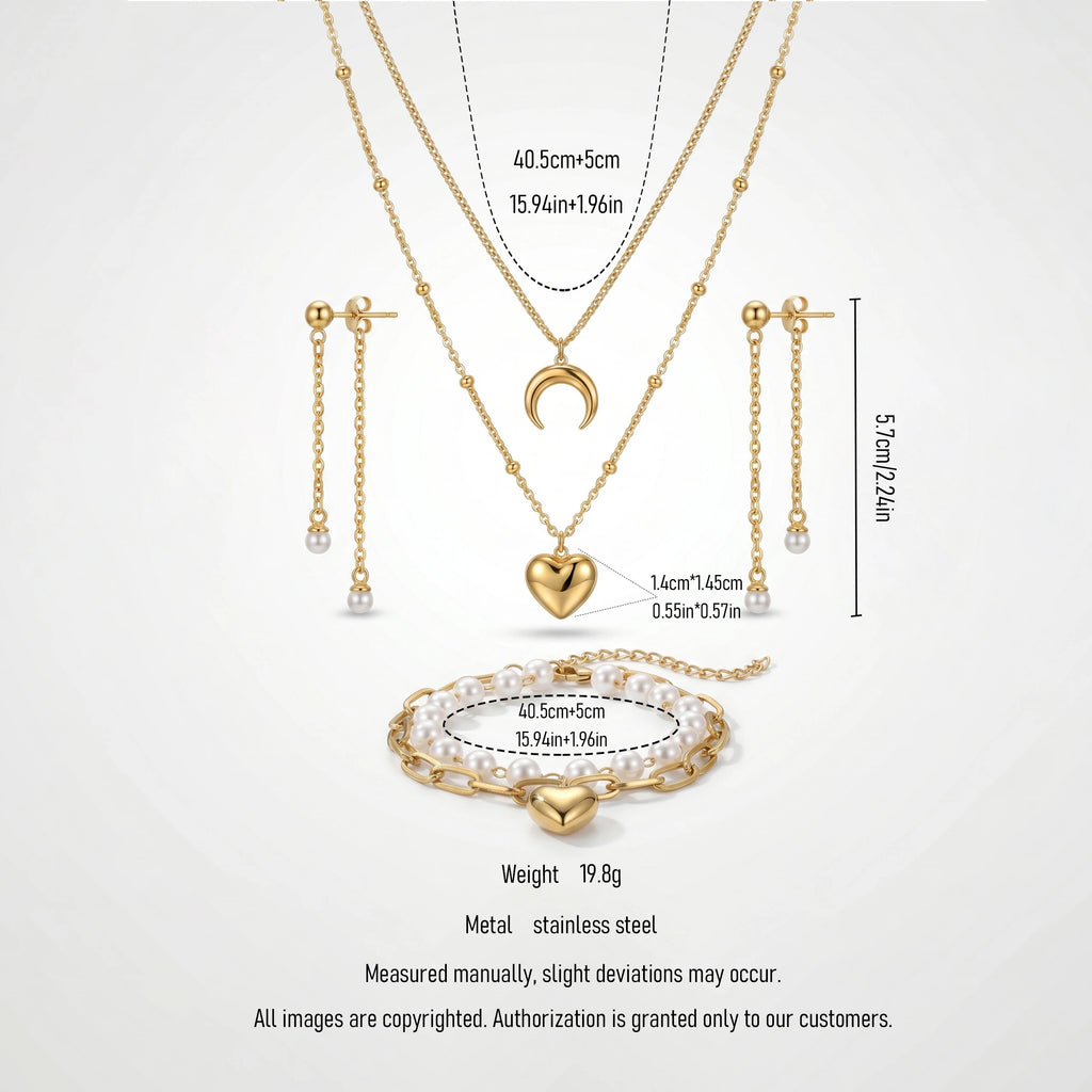 QIAOREN 11540 Romantic Pearl Tassel Moon Heart Jewelry Set 18K Gold Plated Stainless Steel for Women