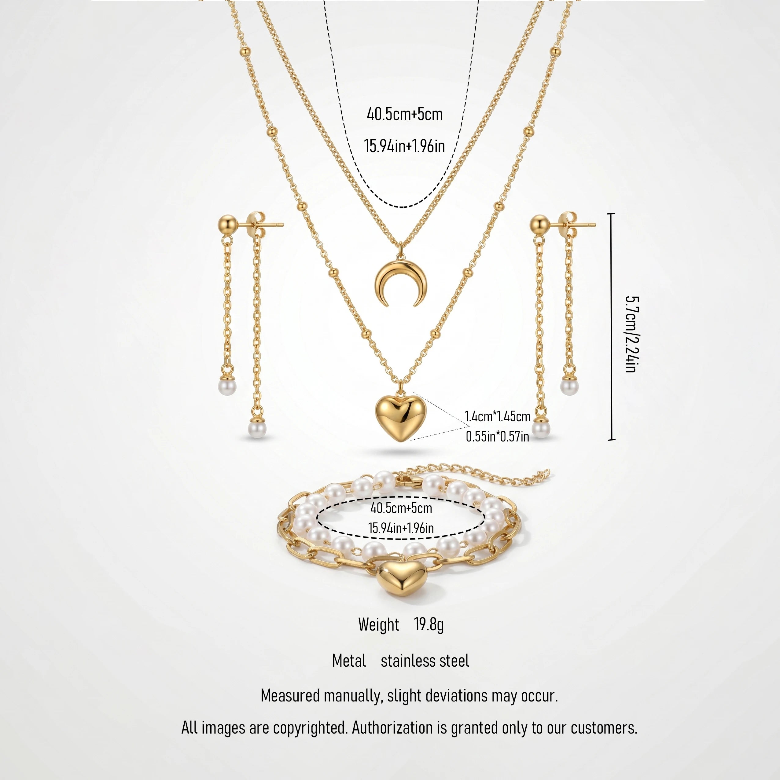 QIAOREN 11540 Romantic Pearl Tassel Moon Heart Jewelry Set 18K Gold Plated Stainless Steel for Women