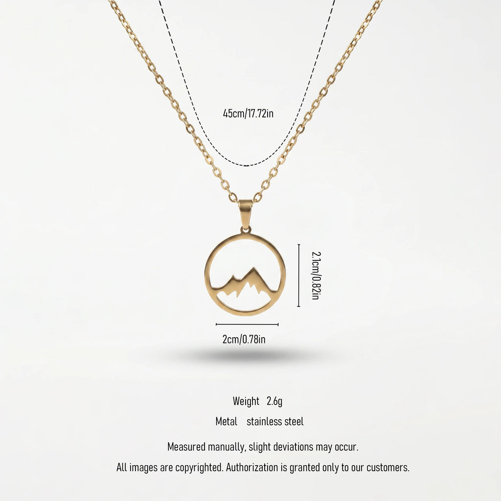 QIAOREN 11251 18K Gold Plated Hollow Mountain Circle Pendant Necklace Stainless Steel Tarnish Free Adventure Hiking Jewelry
