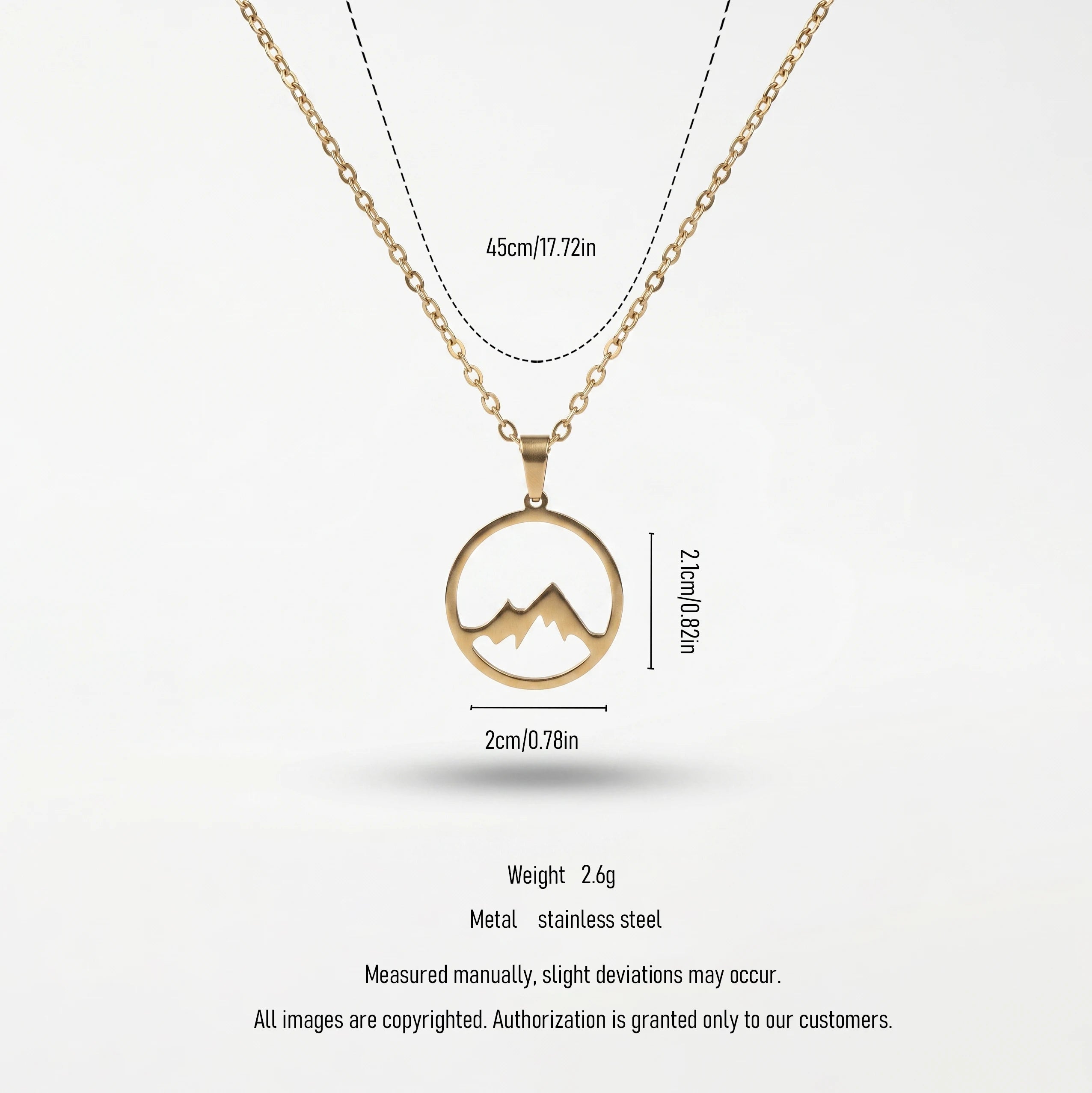 QIAOREN 11251 18K Gold Plated Hollow Mountain Circle Pendant Necklace Stainless Steel Tarnish Free Adventure Hiking Jewelry