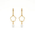 QIAOREN 11765Ins Elegant Four Leaf Clover Shell Pearl Drop Earrings 18K Gold Plated Stainless Steel Leverback Hoops Women's