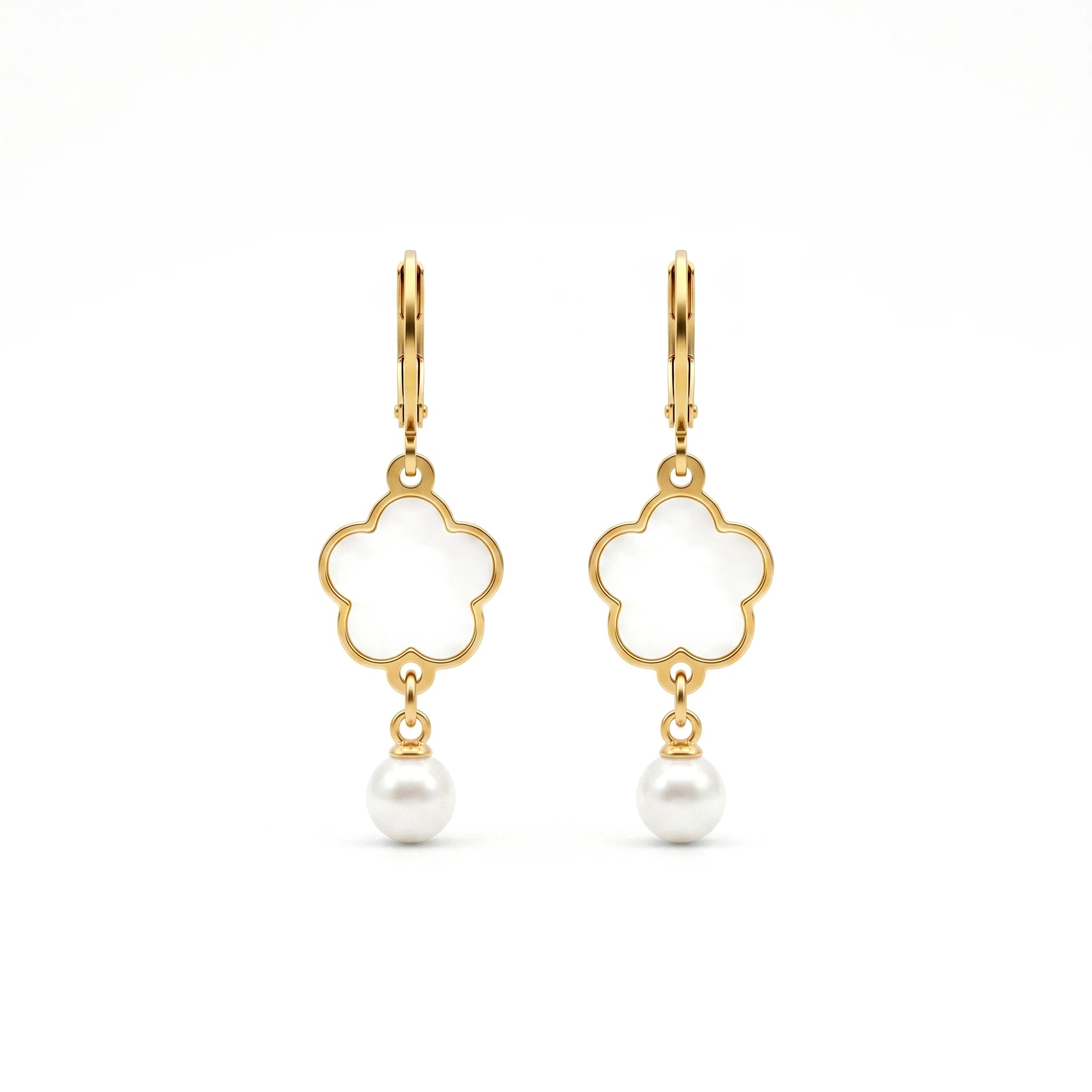 QIAOREN 11765Ins Elegant Four Leaf Clover Shell Pearl Drop Earrings 18K Gold Plated Stainless Steel Leverback Hoops Women's
