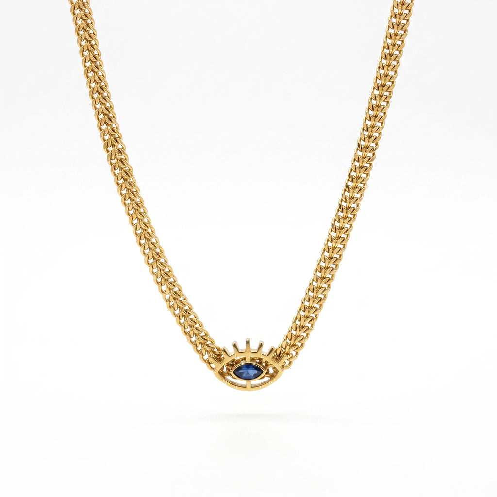 QIAOREN 13981 Thick Wheat Weave Chain Pendant Necklace with Unique Charm Inlaid Marquise Cut Blue CZ