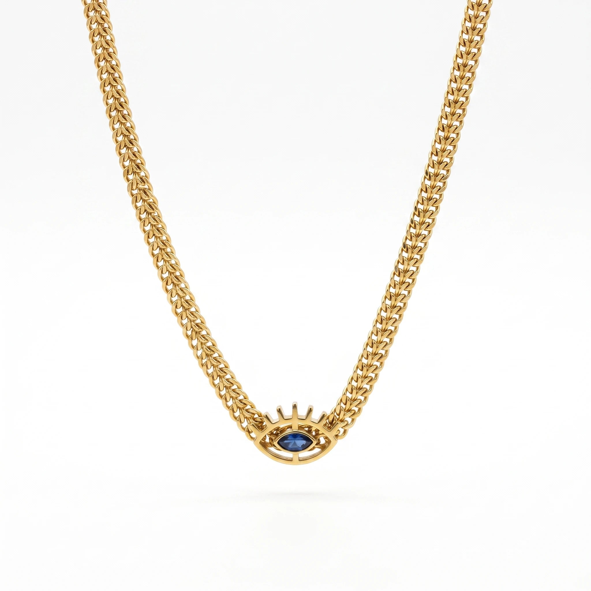 QIAOREN 13981 Thick Wheat Weave Chain Pendant Necklace with Unique Charm Inlaid Marquise Cut Blue CZ