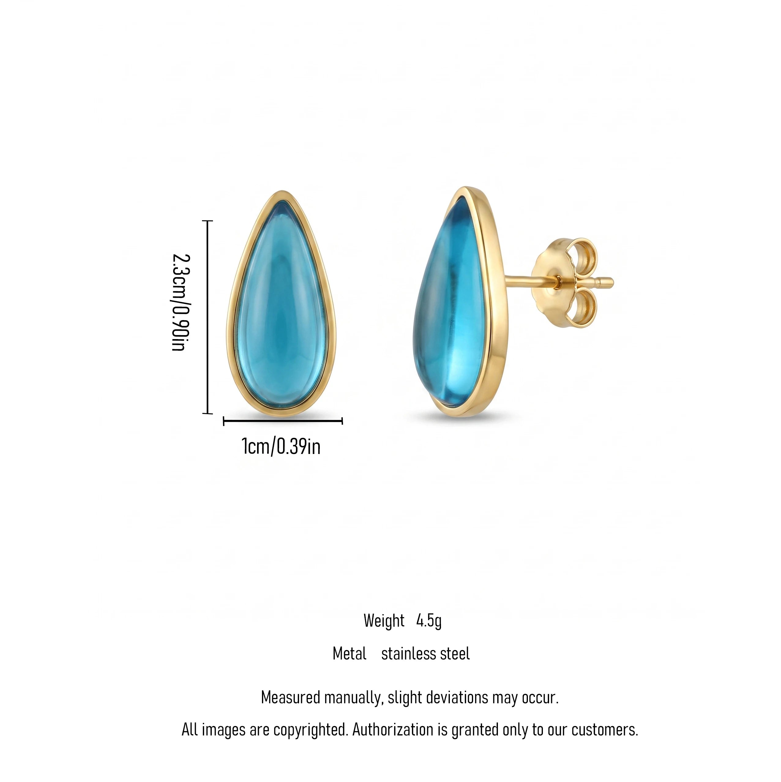 QIAOREN 13670 Bezel Set Teardrop Sky Blue Gloss Resin Stud Earrings, Smooth Cabochon Gem Polished Gold Frame Piercing Jewelry