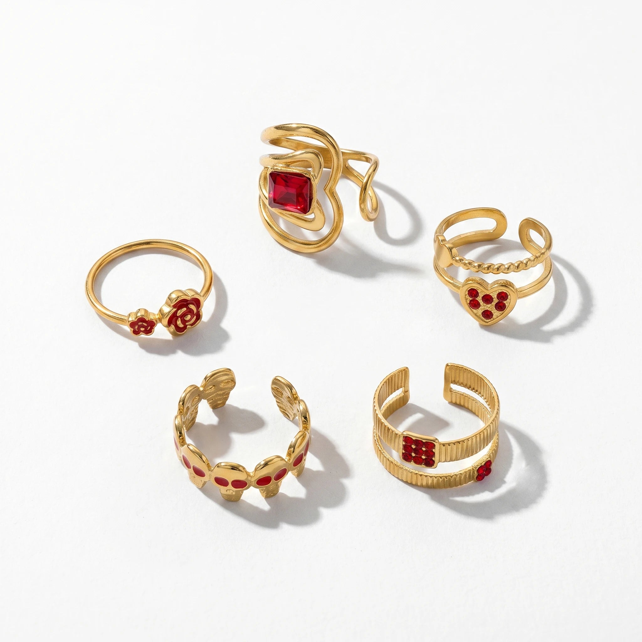 QIAOREN 13176-80 5Pcs Gold Stainless Steel Turquoise Open Ring Set Irregular Hammered Crown Adjustable Boho Stackable Rings