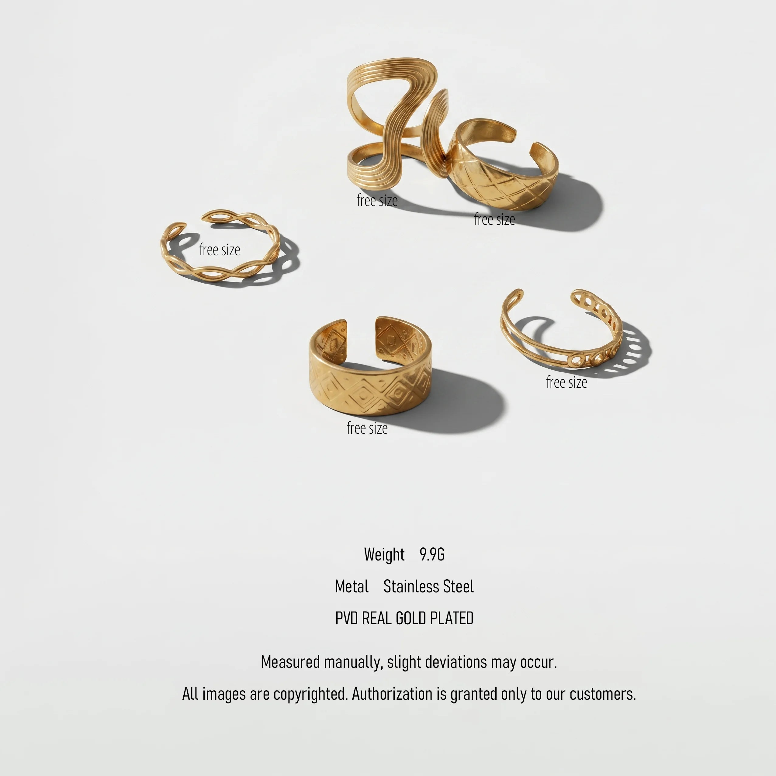 QIAOREN 5Pcs Vintage 18K PVD Gold Stainless Steel Rings Set Tarnish Free Adjustable Stackable Textured Open Cuff Rings for Women