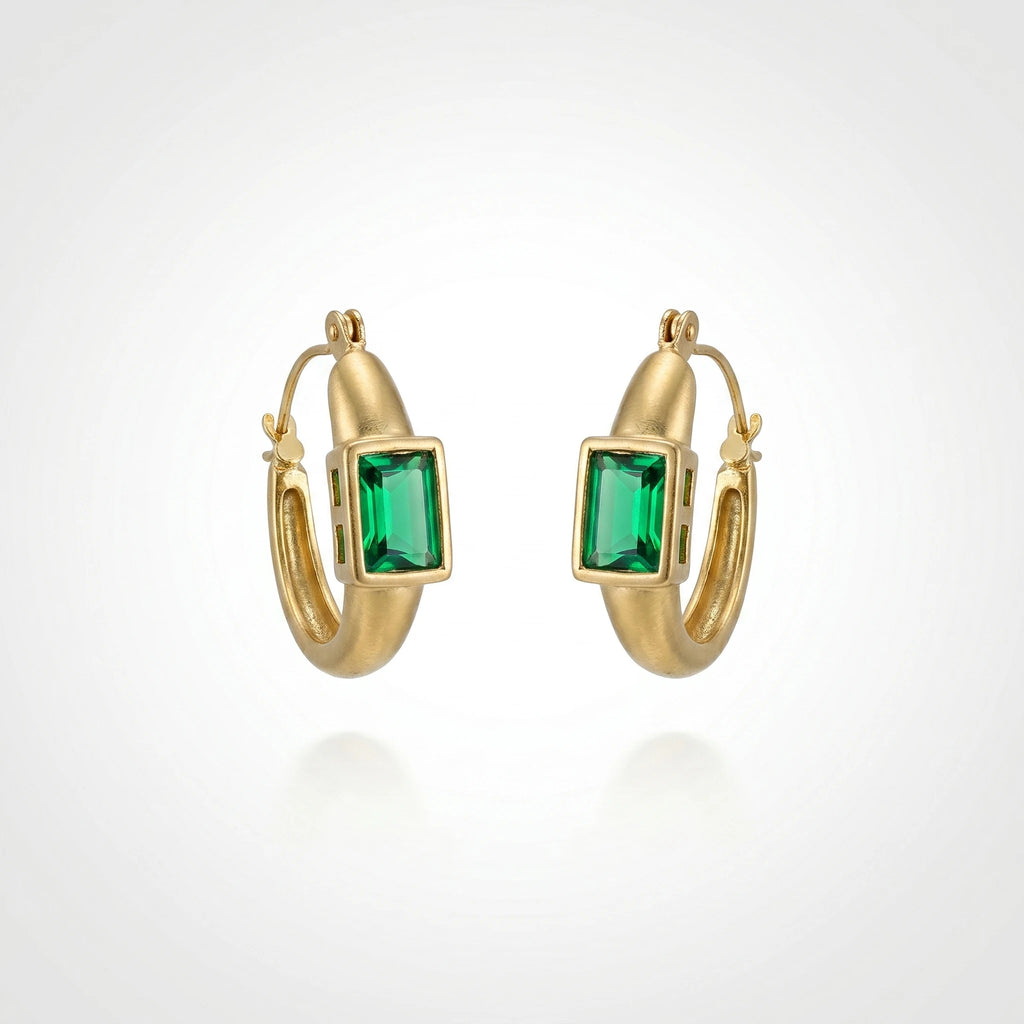 QIAOREN 12432  Emerald Green Hoop Earrings Gold Stainless Steel Bezel Set Rectangular CZ Huggie Hoops US EU