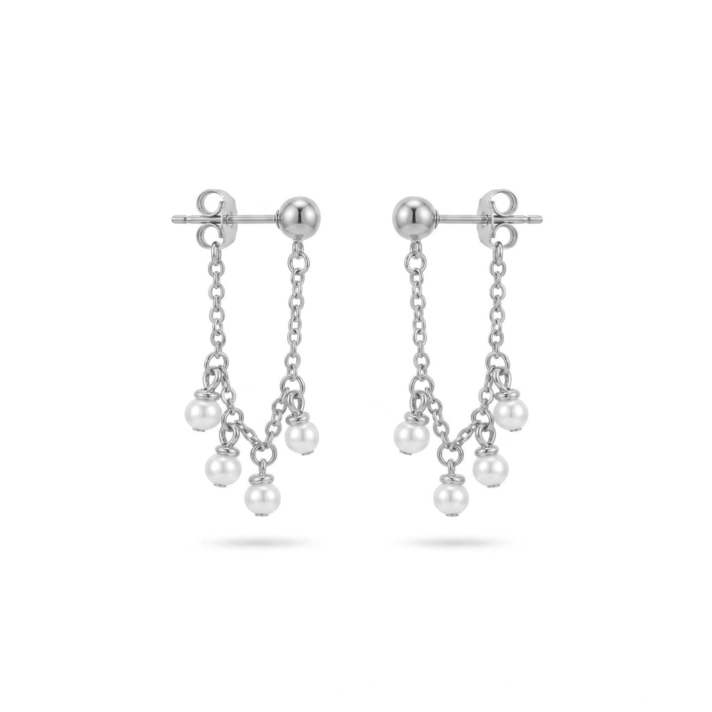 QIAOREN 11872 Trendy Multi-Pearl Cluster Chain Dangle Earrings Stainless Steel 18K Gold Plated Dainty Fringe Jewelry for Women