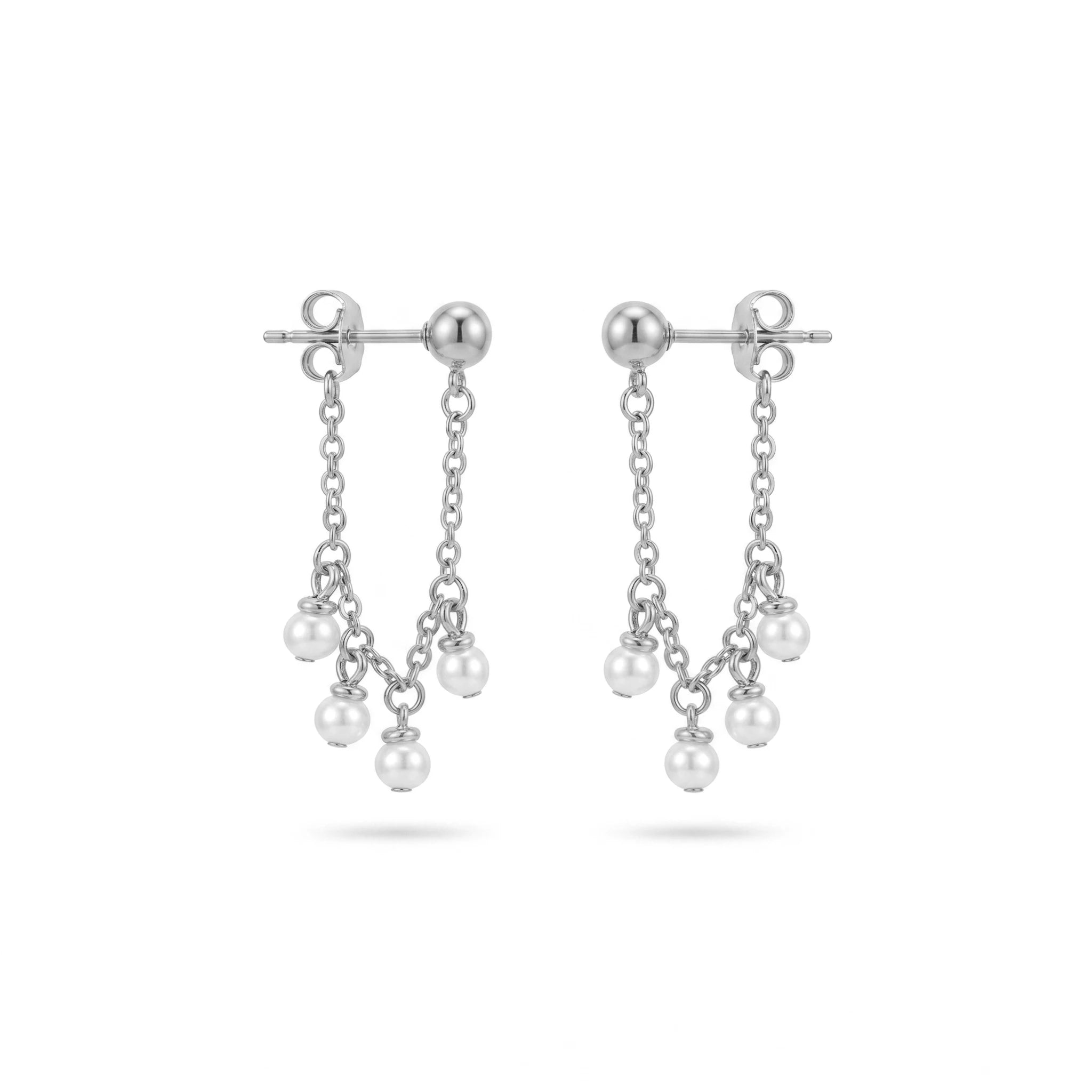 QIAOREN 11872 Trendy Multi-Pearl Cluster Chain Dangle Earrings Stainless Steel 18K Gold Plated Dainty Fringe Jewelry for Women