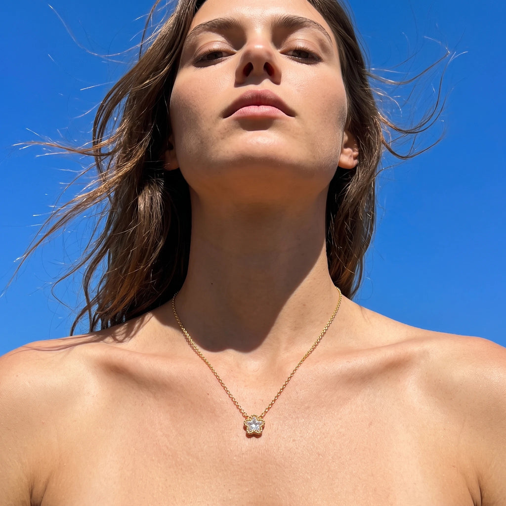 QIAOREN 13542 Dainty Single Star Zircon Pendant Necklace with Beaded Border Frame, Thin Gold Cable Chain