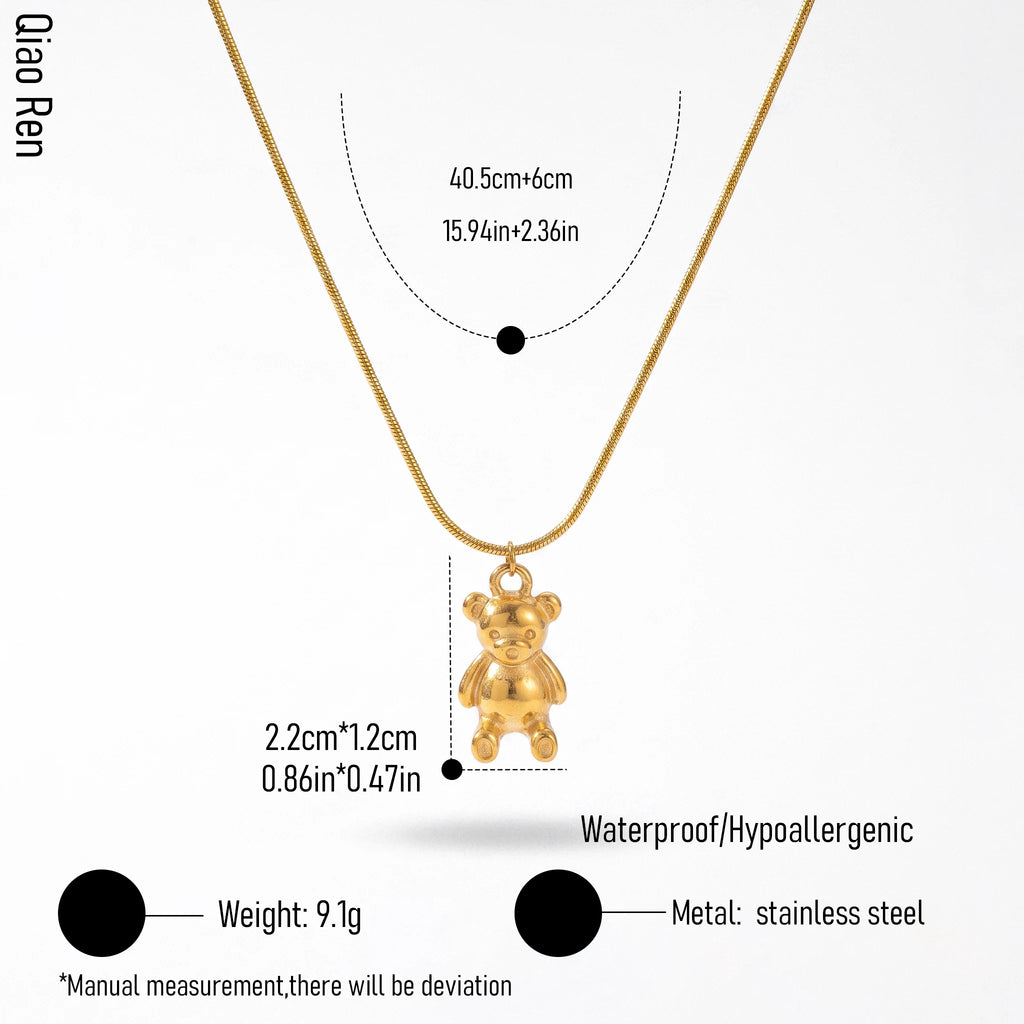 QIAOREN 14376 Cute 3D Teddy Bear Pendant Snake Chain Necklace, Stainless Steel Necklace Jewelry Gift for Daily Fashion Outfits