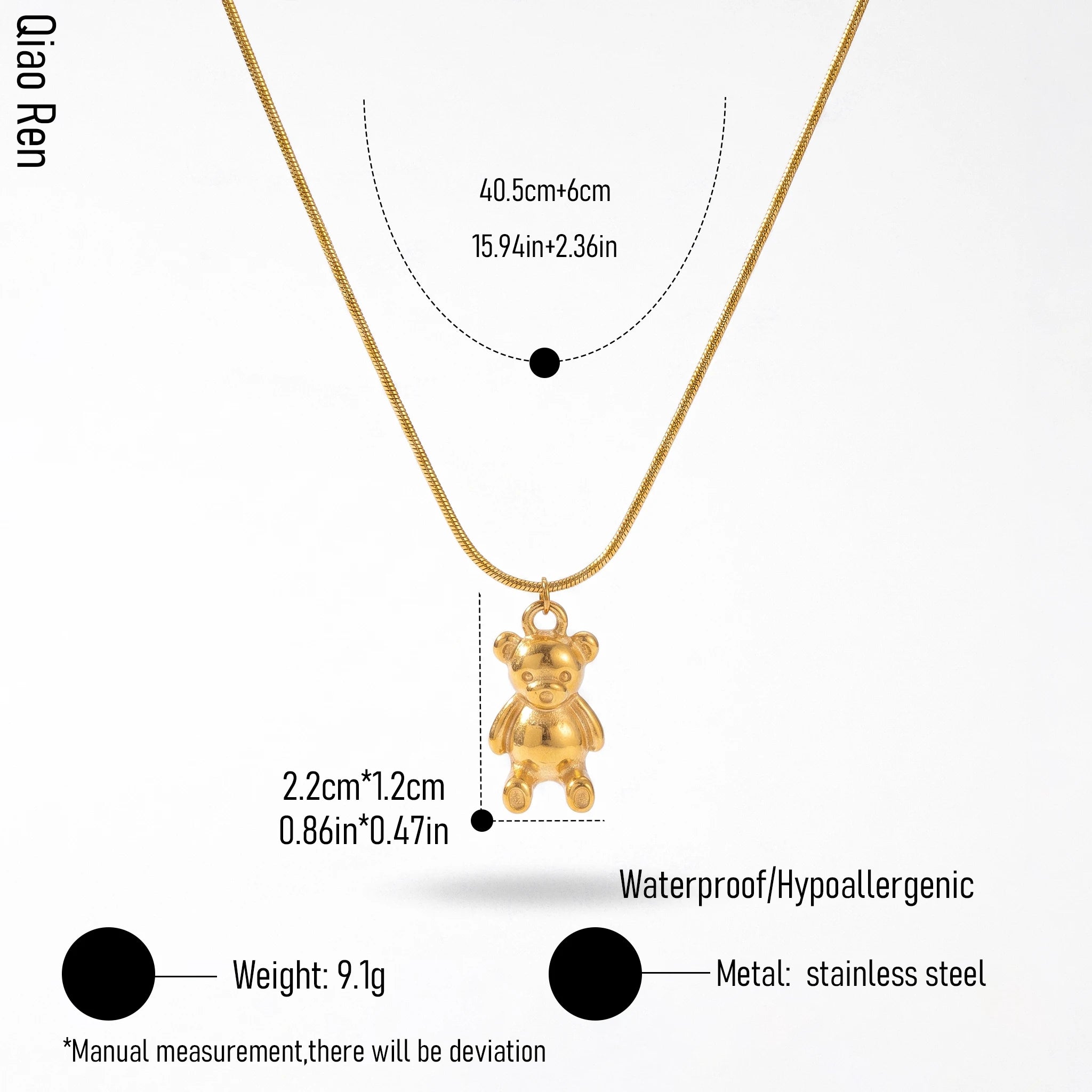 QIAOREN 14376 Cute 3D Teddy Bear Pendant Snake Chain Necklace, Stainless Steel Necklace Jewelry Gift for Daily Fashion Outfits