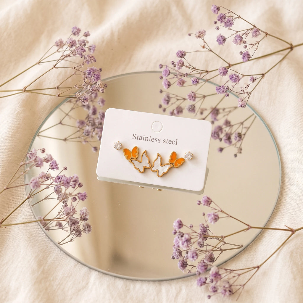 QIAOREN 14513 Stainless Steel Butterfly Earrings CZ Stud Earrings Enamel Design Waterproof Hypoallergenic Jewelry Women