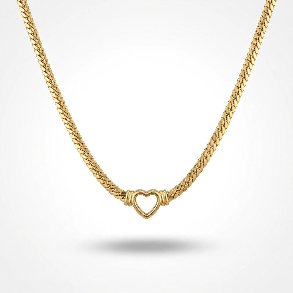 QIAOREN 13538 Chunky Flat Cuban Link Choker Necklace with Hollow Open Heart Center Charm, Polished Thick Gold Chain Necklace