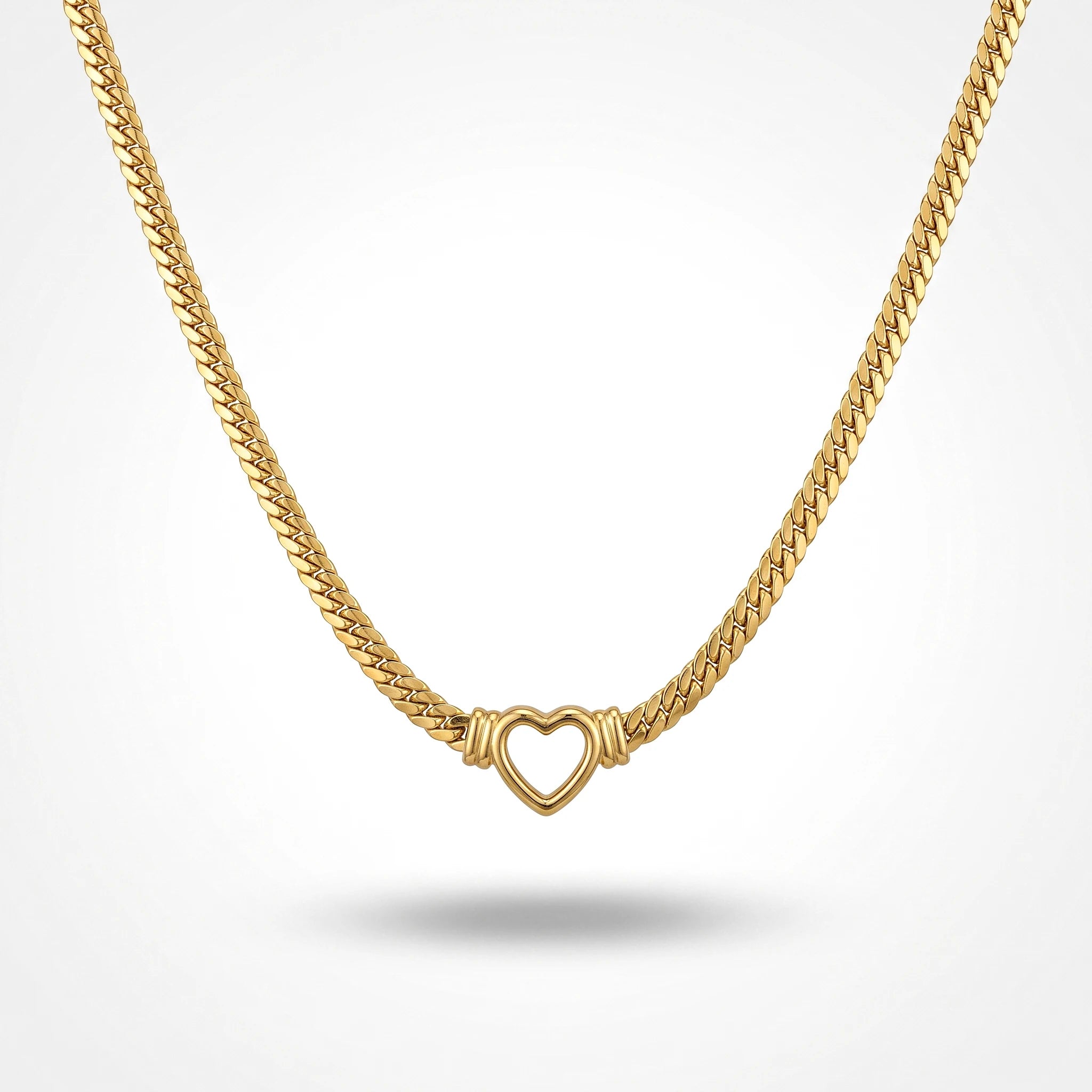 QIAOREN 13538 Chunky Flat Cuban Link Choker Necklace with Hollow Open Heart Center Charm, Polished Thick Gold Chain Necklace