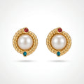 QIAOREN 12262 Byzantine Vintage Pearl Stud Earrings Gold Stainless Steel Twisted Rope Red Blue CZ Accent Jewelry Women US EU