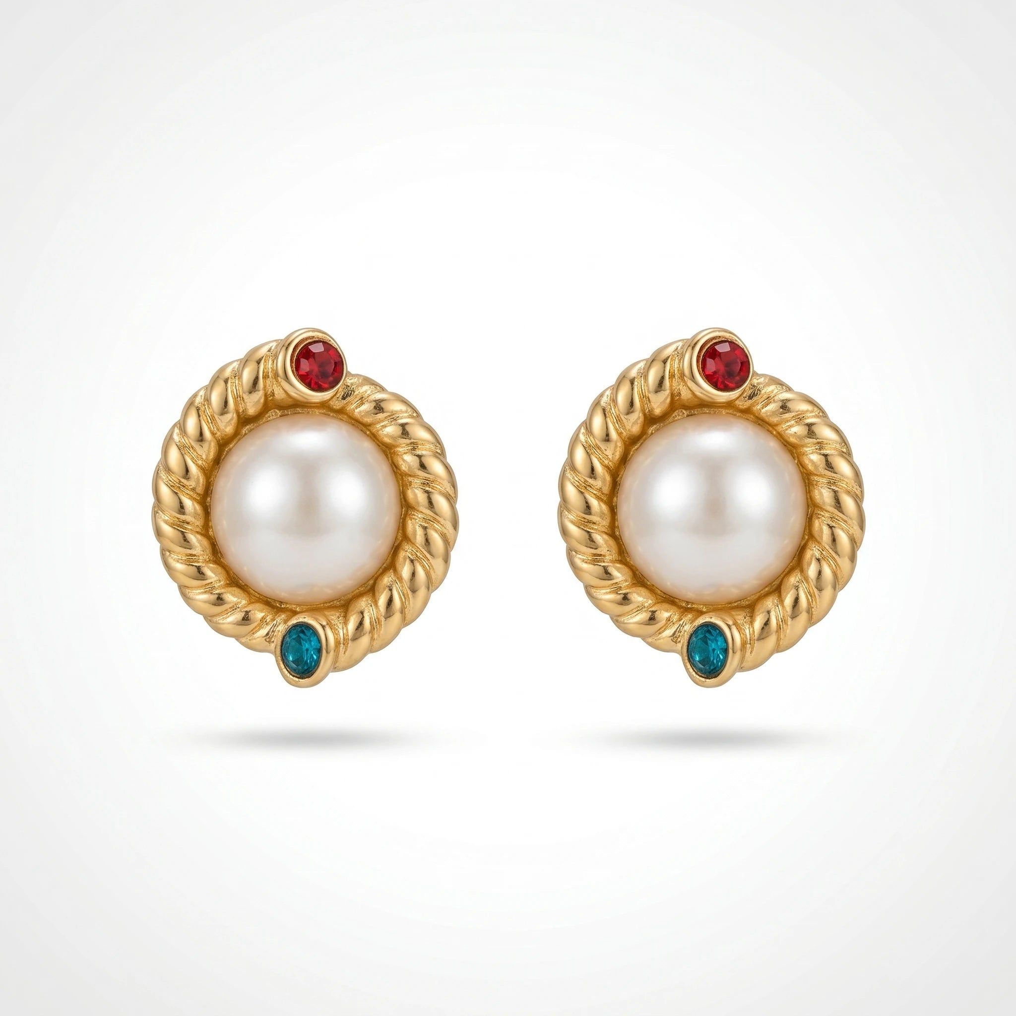 QIAOREN 12262 Byzantine Vintage Pearl Stud Earrings Gold Stainless Steel Twisted Rope Red Blue CZ Accent Jewelry Women US EU