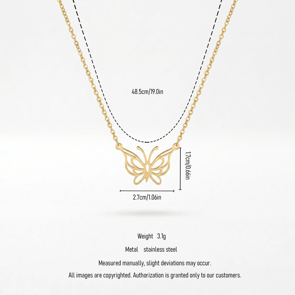 QIAOREN 11982 Trend Bohemian Jewelry Stainless Steel Gold Plated Hollow Cut Butterfly Pendant Necklace  Cable Chain Necklaces